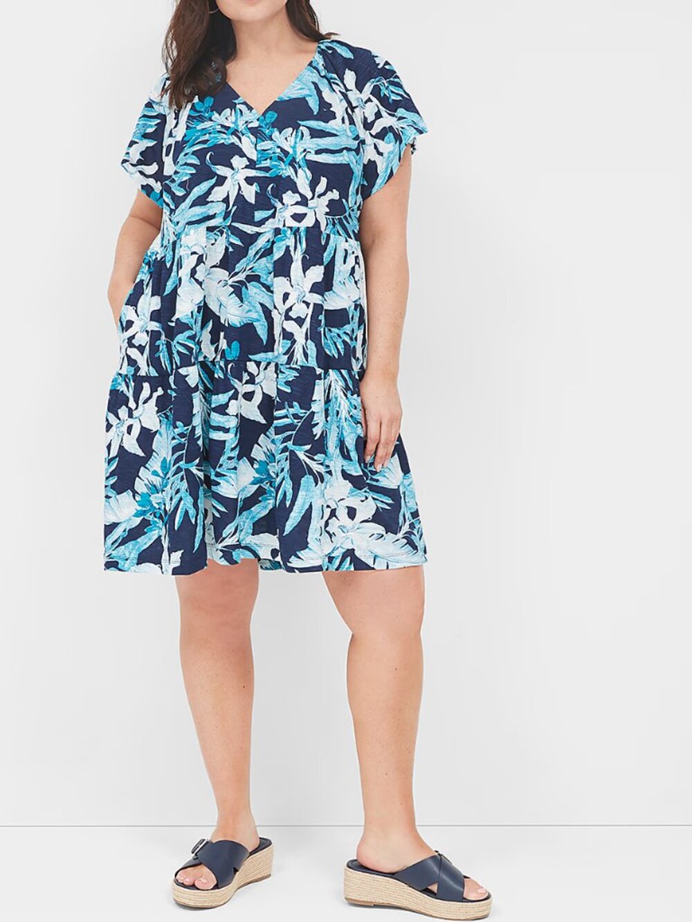Lane Bryant Babydoll Shirt Dress 18 / 20 Blue Floral Tropical Tiered Cotton